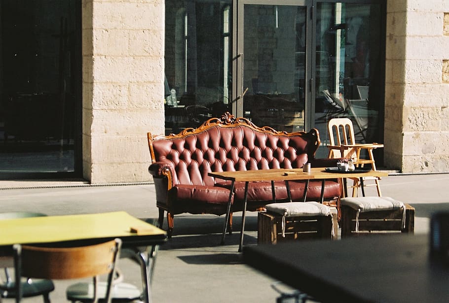 brown, leather sofa, outside, beige, building, leather, couch, table, chairs, desks