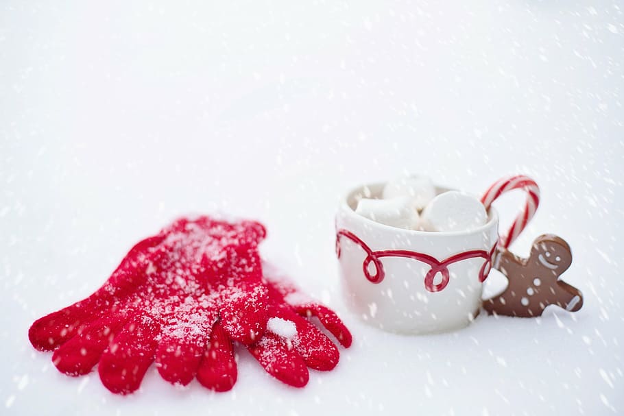 par, rojo, guantes, chocolate caliente, nieve, invierno, chocolate, caliente, taza, bebida