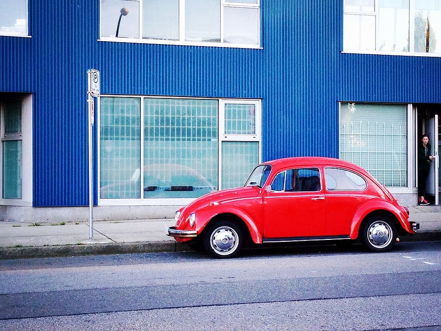 beatles, vancouver, street, woman, car, red, blue, parking, color, transportation