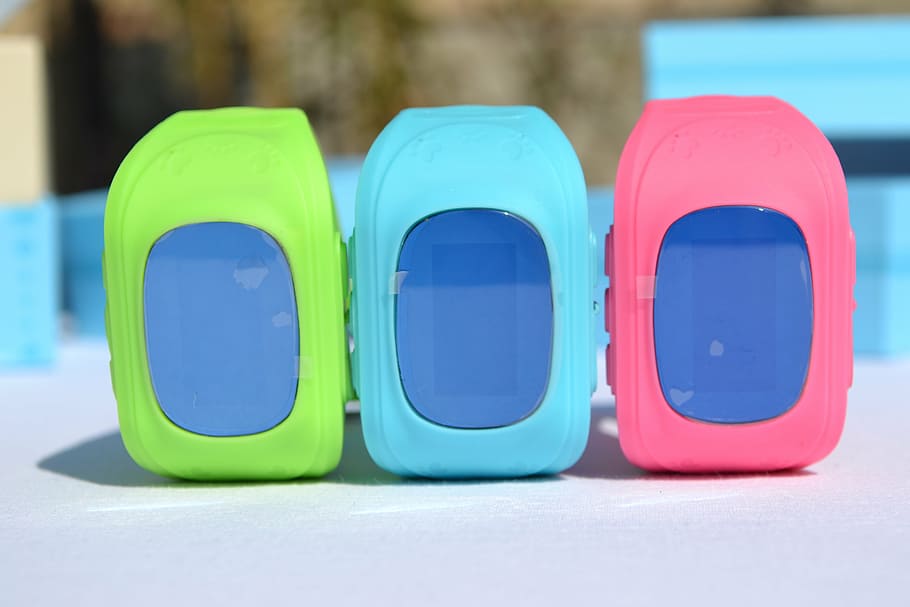 clock, smart, children's watches, blue, focus on foreground, group of objects, close-up, multi colored, plastic, in a row