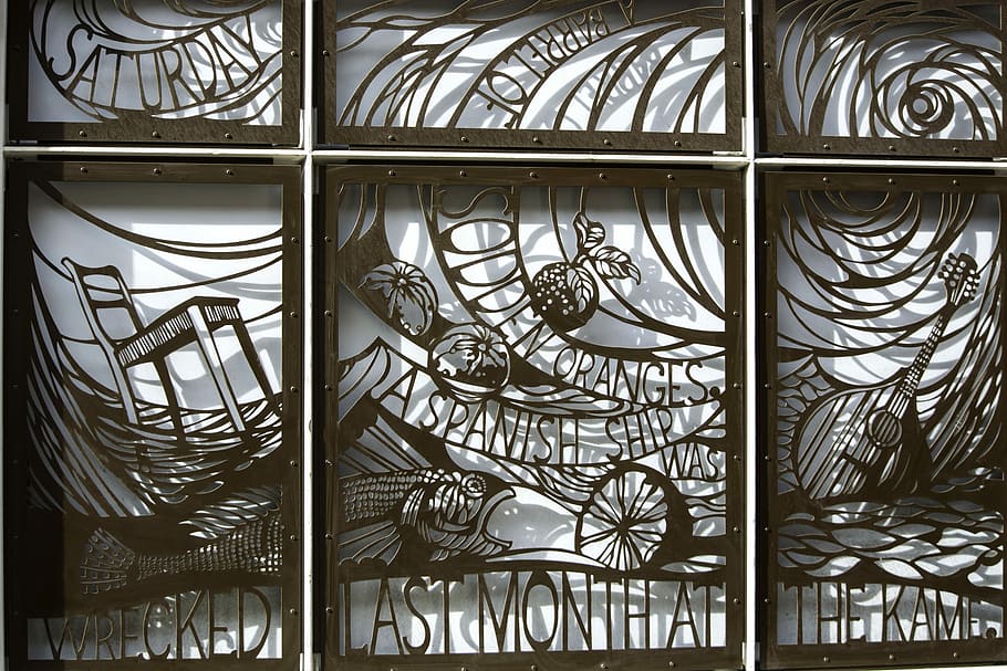 Saturday, Wrought-Iron, Panel, Poetry, window, architecture, architecture And Buildings, glass - Material, pattern, indoors