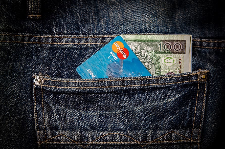 синий, карта MasterCard, карман джинсовой ткани, деньги, карта, бизнес, карман, виза, покупки, купить