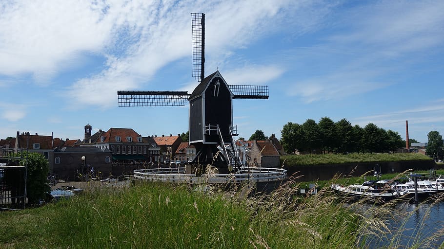 molino, mechas, países bajos, molino de viento, edificio histórico, aspas de molino, molino holandés, paisaje holandés, molino histórico, pasto