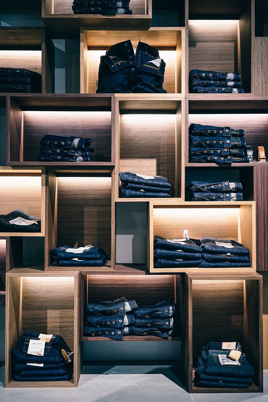 denim bottoms, brown, wooden, shelf, jeans, denim, clothing, fashion, store, shopping