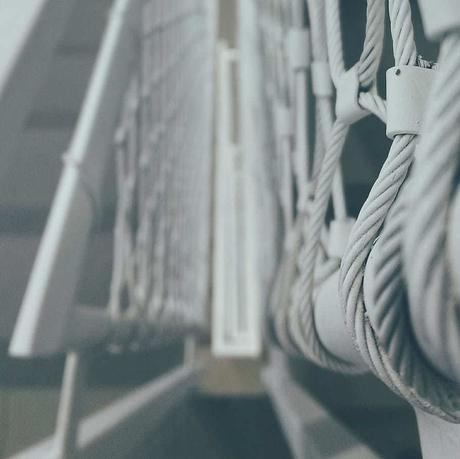 ropes, banister, bridge, fence, structure, metal, fixation, steel cable, selective focus, close-up