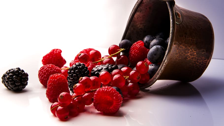 hitam, berry, ceri, raspberry, putih, permukaan, buah-buahan, vegetarian, vegan, diet sehat