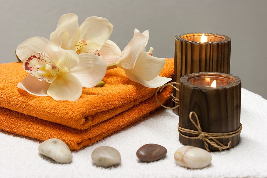 two, brown, wooden, candle holder, orange, blanket, wellness, massage, relax, relaxing