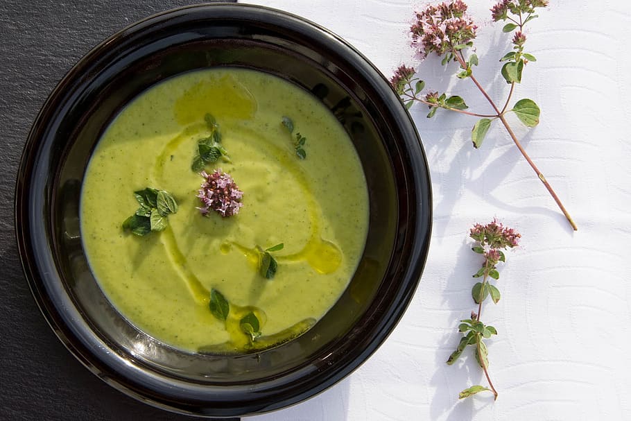 bowl, soup, plant, zucchini, oregano, flowers, cream, green, plate, flower