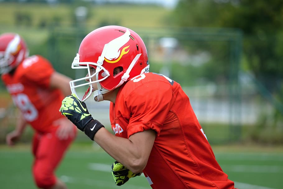 man, red, football shirt, helmet, football, american football, position, cooperation, toil, courage