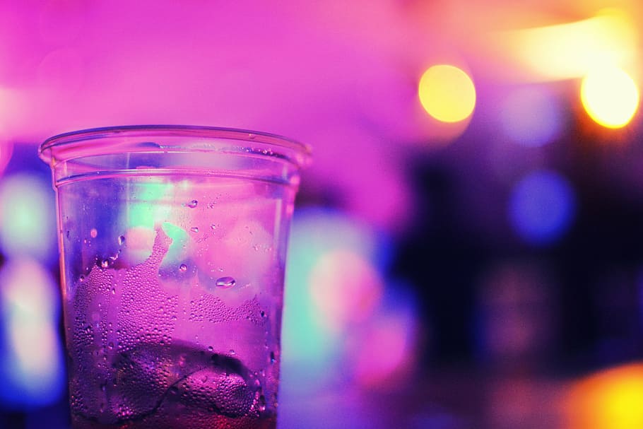 bokeh photography, drinking glass, almost, empty, clear, plastic, cup, glass, water, light