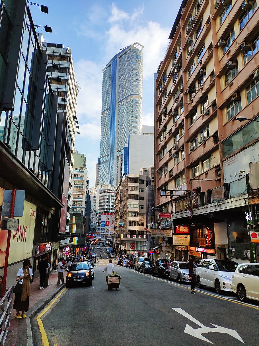 street view, road, downtown, hong kong, the crowd, city, building exterior, car, motor vehicle, architecture