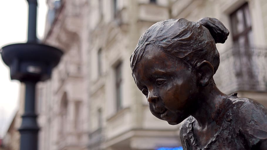 Monumento, niño, niña, escultura, estatua, figura, cabeza, Lodz, Polonia, representación