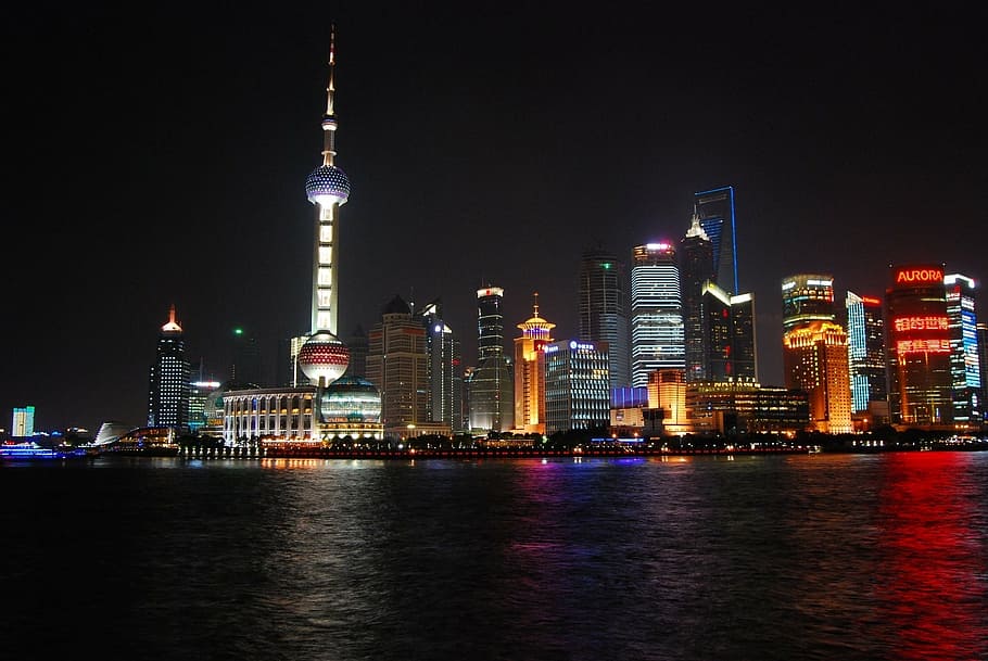 city skyline, shanghai skyline, cityscape, night, water, architecture, urban, china, skyscrapers, city