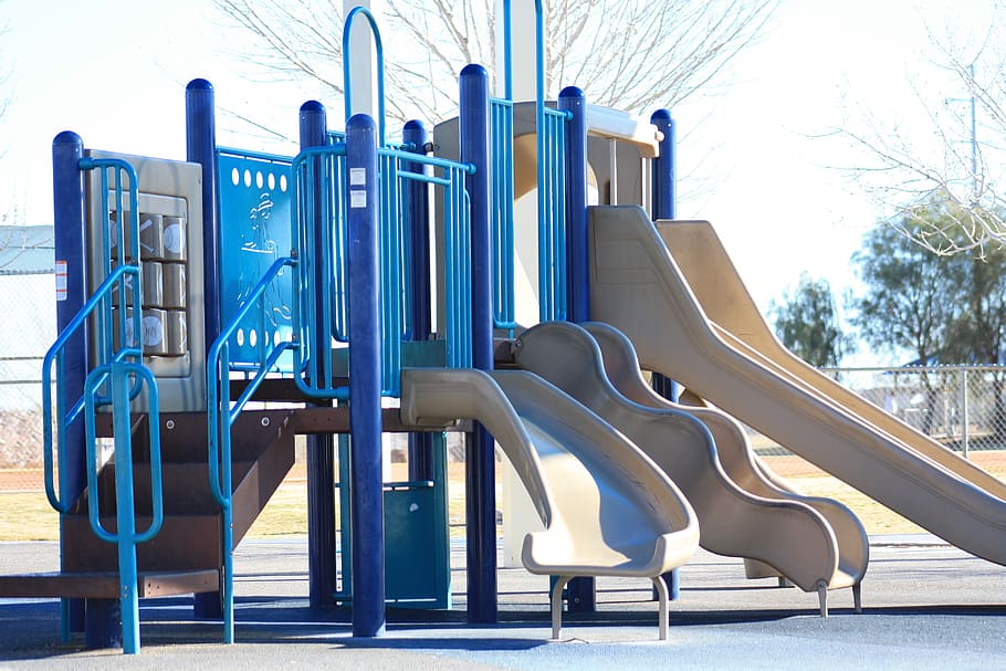 blue, white, slide, playground, daytime, park, recreation, day, empty, absence