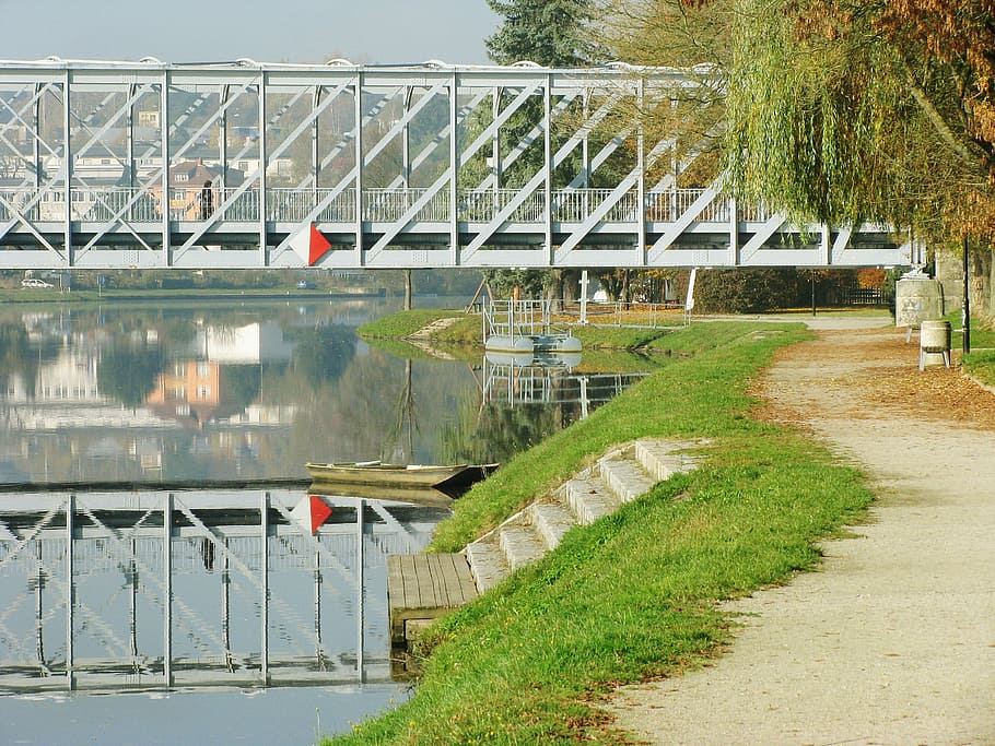 puente, banco, lejos, reflejo, río, agua, arquitectura, puente de acero, moldavia, república checa
