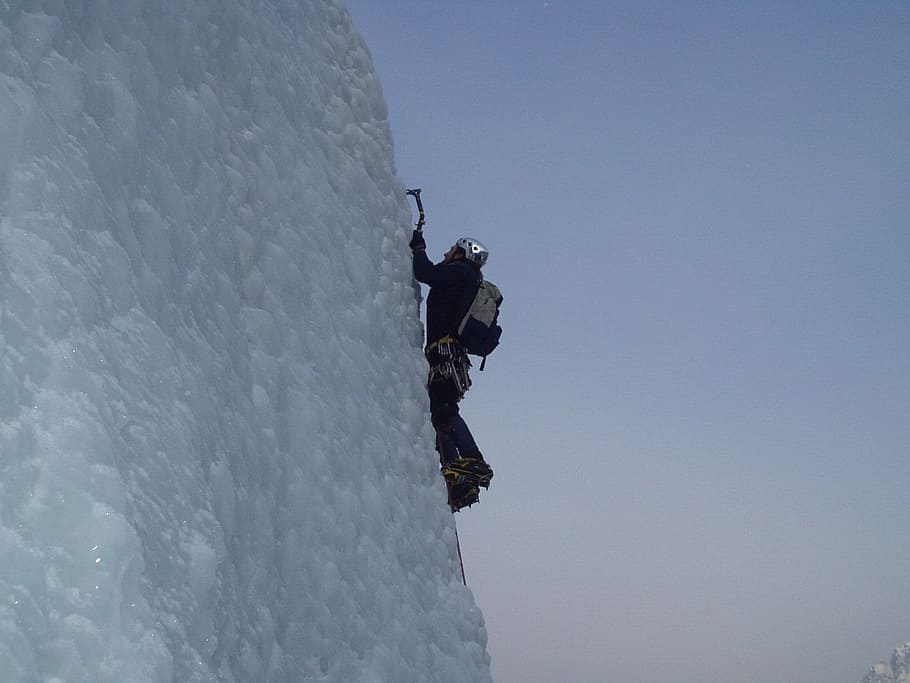 man, climbing, snow, covered, mountain, ice climbing, alpinism, bergsport, alpine, climb