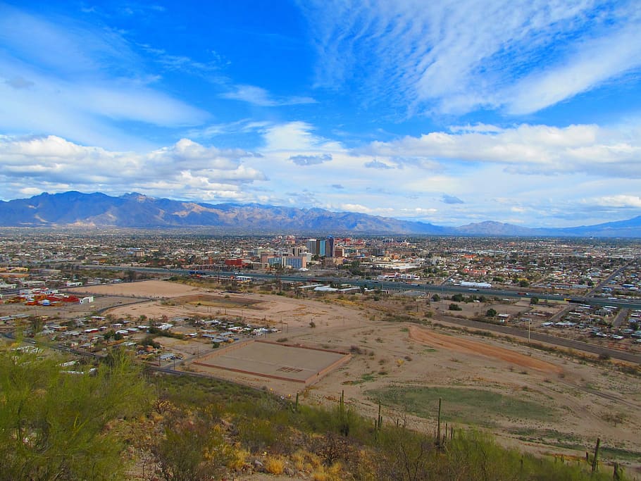 aerial, view, cityscape, tucson, arizona, sky, clouds, landscape, mountains, city