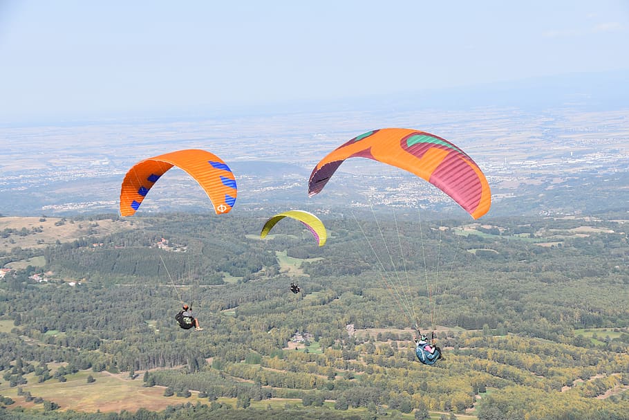 paragliding, paragliders-paraglider, flight, sport, adventure, nature, hobbies, aircraft, blue sky, puy dome auvergne
