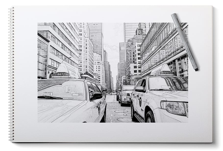 putih, catatan, ilustrasi bangunan, kota, mobil, jalan, sketsa, new york, lukisan, pensil