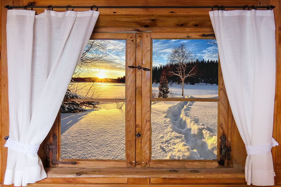 brown wooden window, nature, landscape, winter, snow, sunrise, window, outlook, hut, coziness