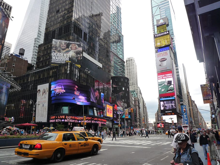 新しい, ニューヨークタイムズスクエア, アメリカ, ニューヨーク市, ニューヨーク, ブロードウェイ, タイムスクエア, タクシー, 都市, 建築
