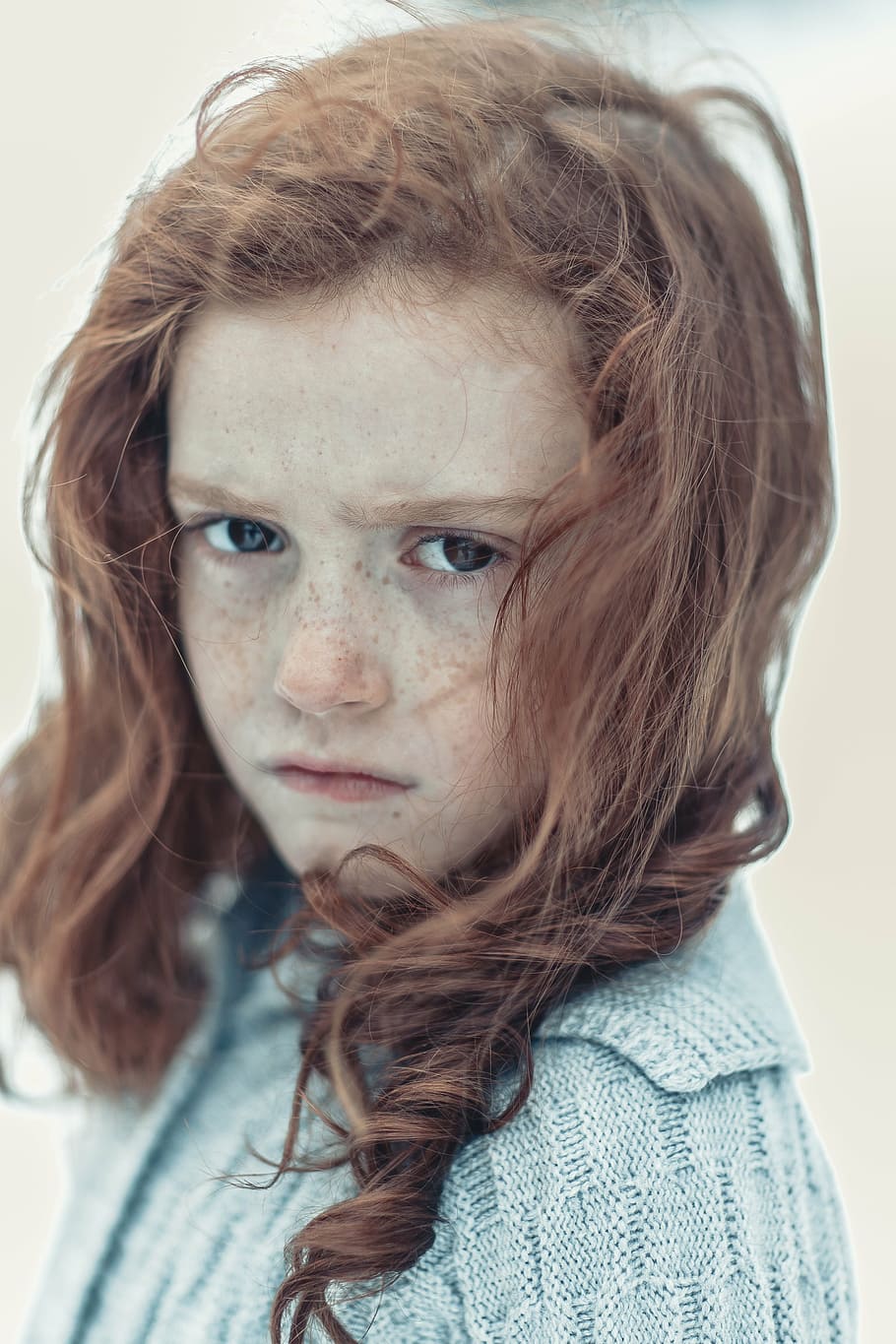 girl, freckles, brown, hair, wearing, green, crochet, coat, child, portrait