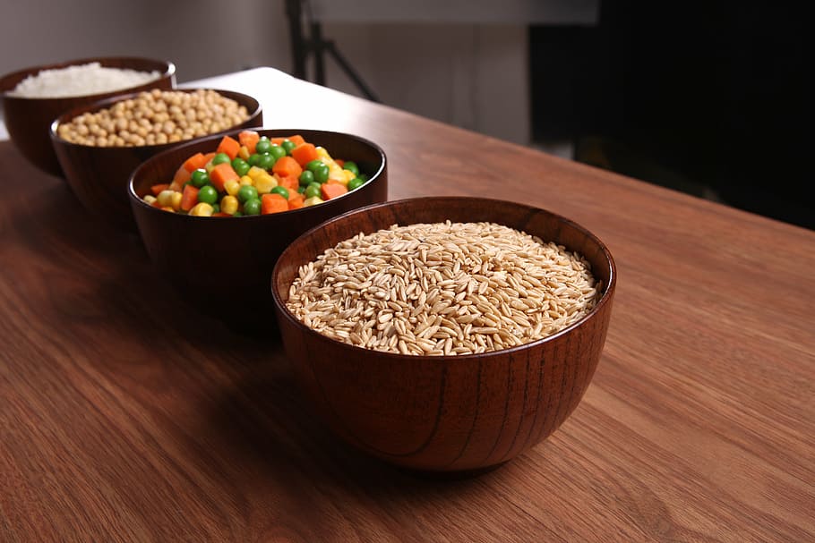 sesame seeds, inside, brown, ceramic, bowl, whole grains, catering ingredients, meter, oats, soybeans