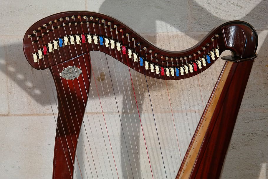 harp, plucked string instrument, musical instrument, stringed instrument, strings, voice pins, neck, head, knee, concert harp