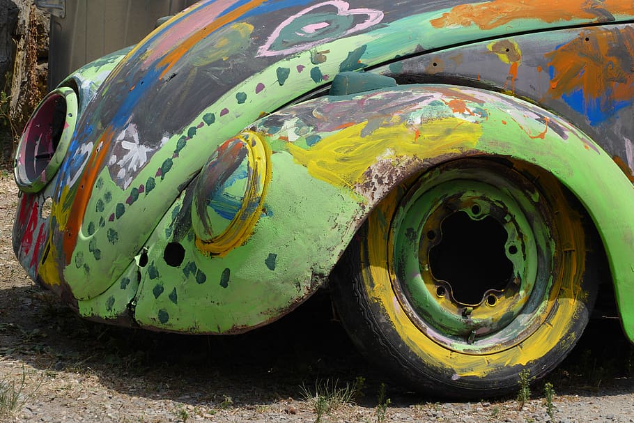 vw, beetle, the wreck of the, auto, oldtimer, streetart, tagger, graffiti, transportation, mode of transportation