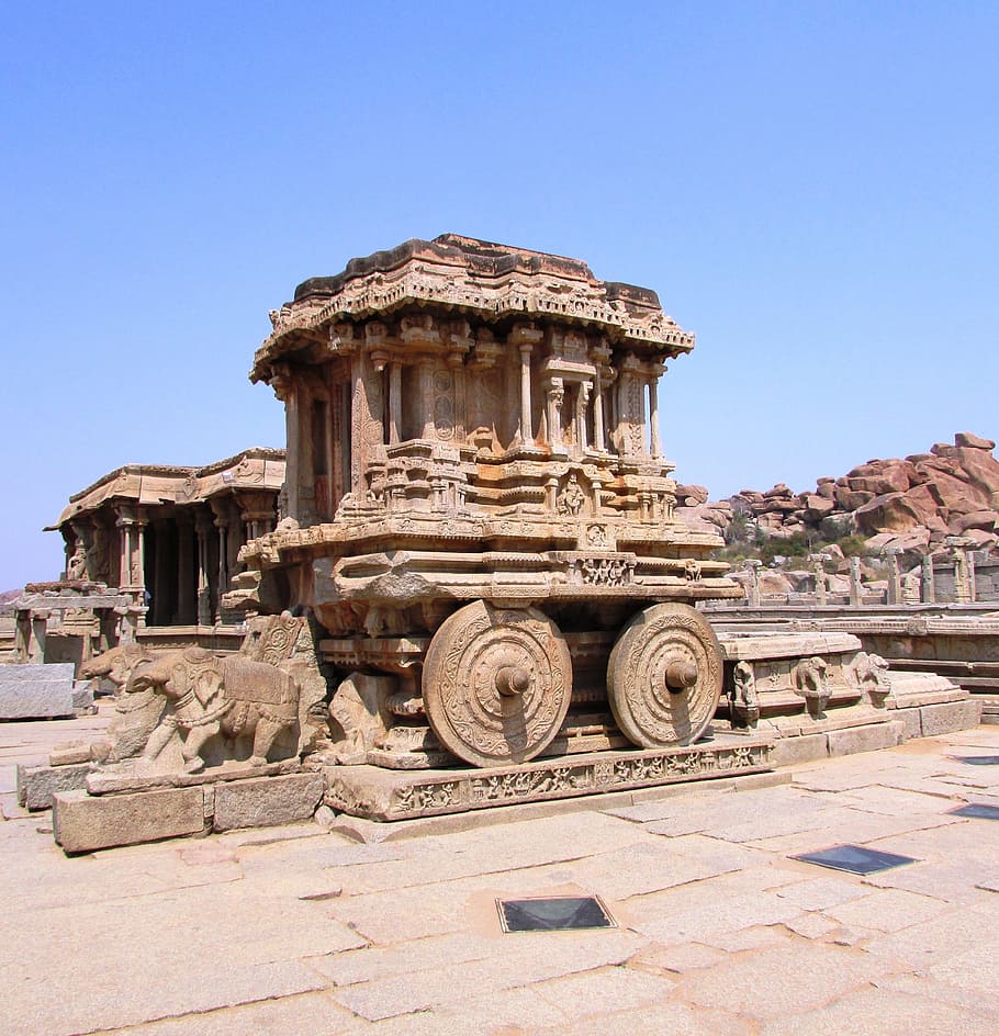 brown concrete carriage, Stone, Chariot, Hampi, India, Landmark, stone chariot, culture, ruins, old