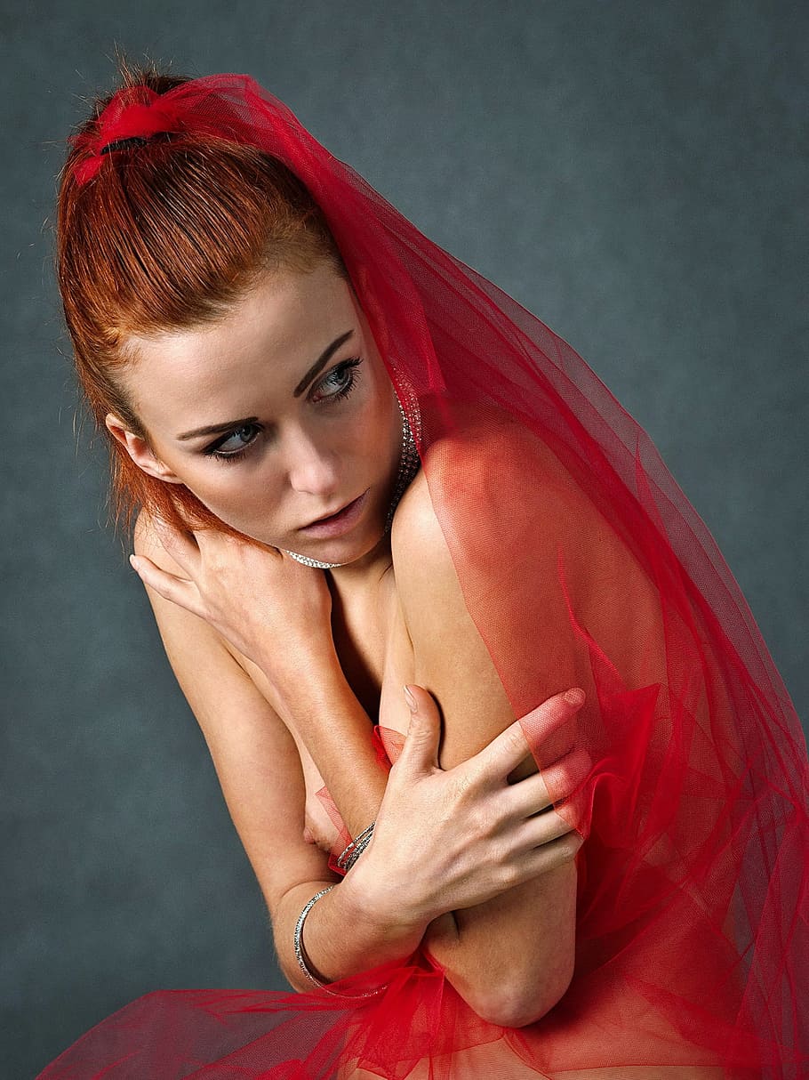 woman, wearing, red, mesh veil, the fear, anxiety, girl, the act of, feelings, body