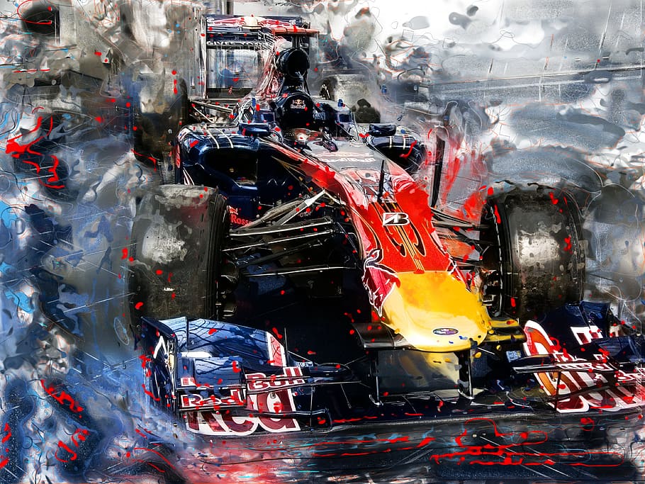 blue, red, bull, formula, 1, race, car, illustration, Red Bull, Auto