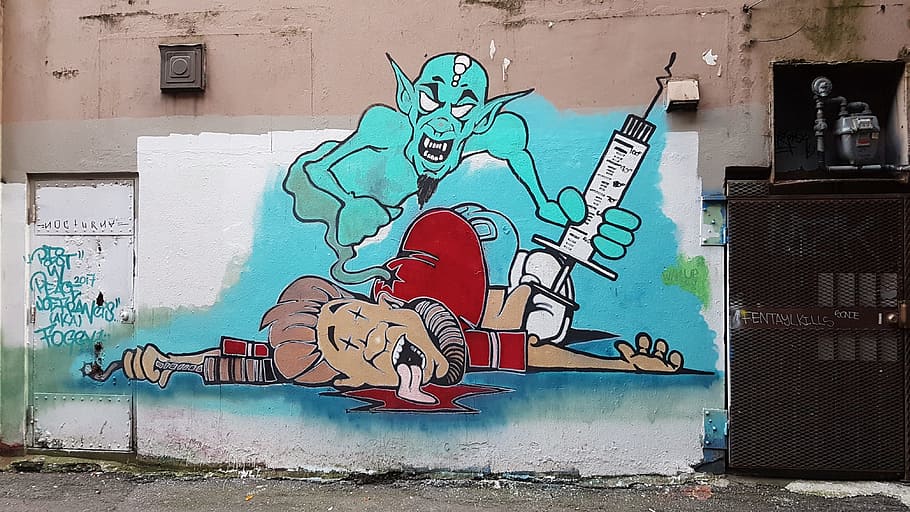 needle, death, drugs, creativity, art and craft, graffiti, representation, architecture, street art, wall - building feature