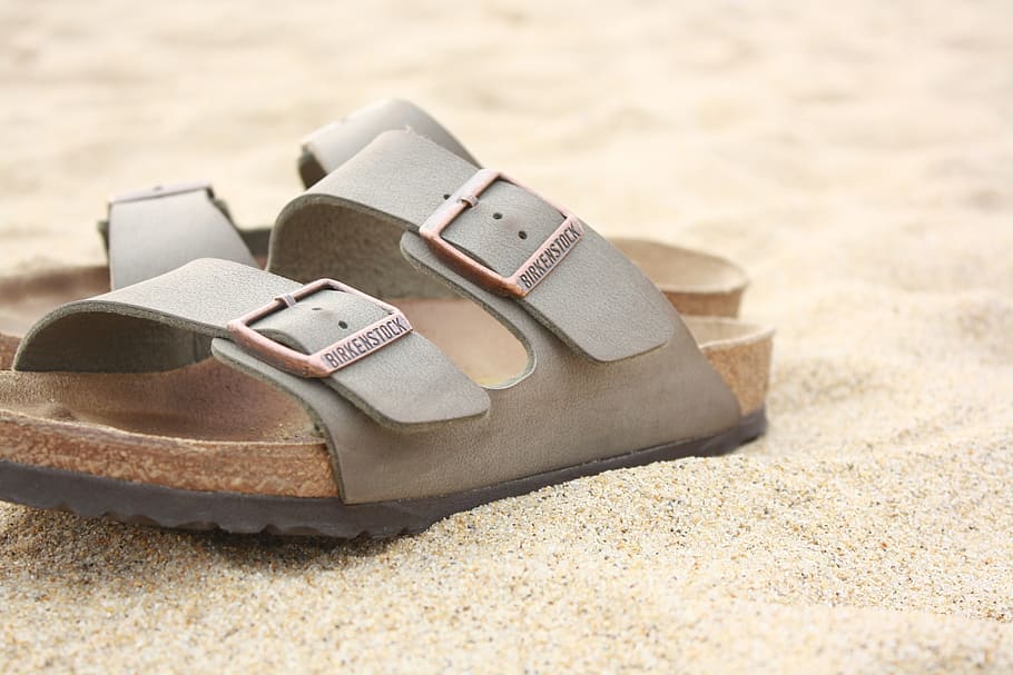 pair, flip-flops, sand, beach, sea, summer, vacation, slippers, travel, birkenstock