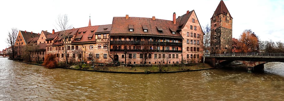 beige, brown, castle, body, water, nuremberg, old town, middle ages, hospital, tower