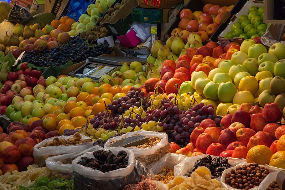 buah, warna, warna-warni, pasar, buah-buahan, makanan, kios pasar, mangkuk buah, alam, buah-buahan eksotis