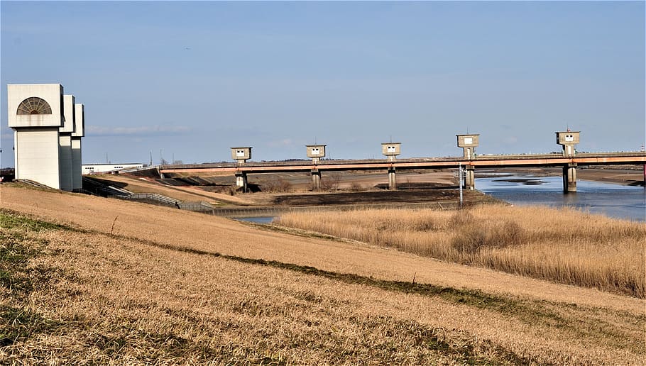 weir, the floodgates, river, b, winter, reed, blue, sky, building, built structure