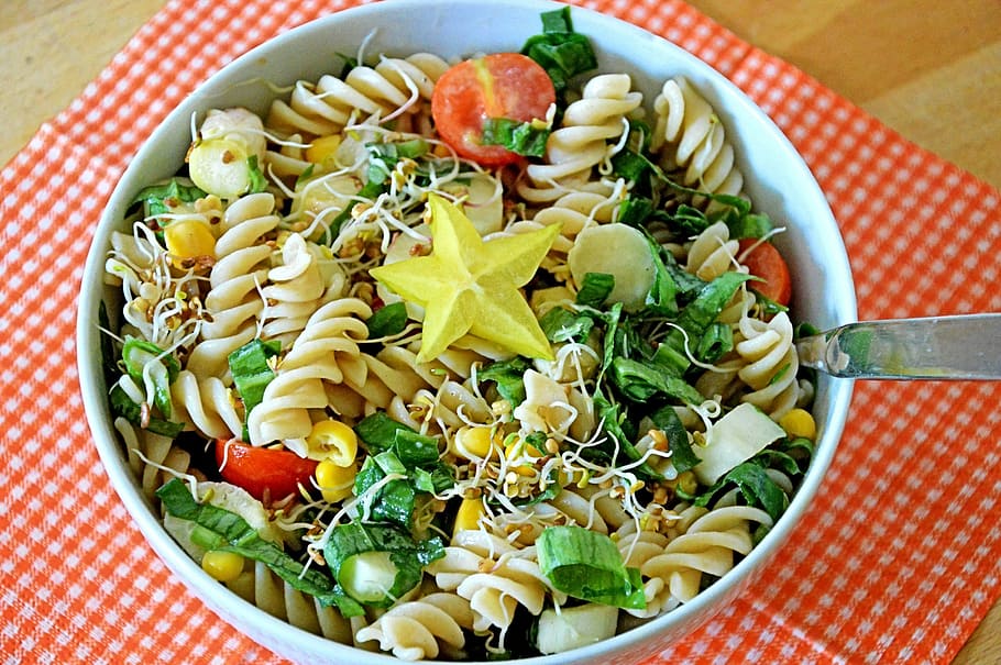 pasta, vegetables, round, white, ceramic, bowl, pasta salad, salad, spring, bear's garlic