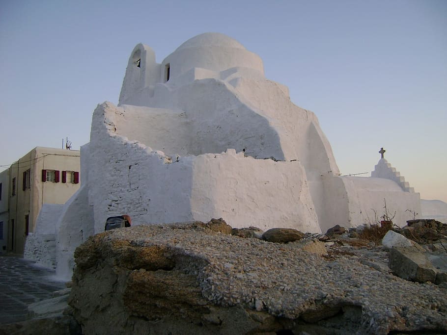 Iglesia, Panagia paraportiani, Iglesia de Panagia Paraportiani, Mykonos, Grecia, tradicional, histórico, blanco, hito, religión