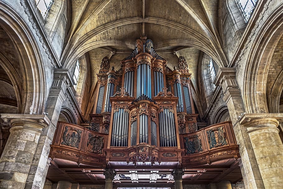 brown, concrete, cathedral, interior, pipe organ, church, notre dame, le havre, organ, instrument