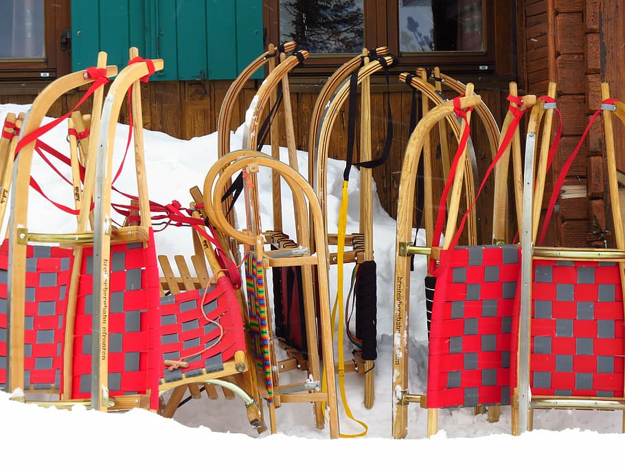 coklat, kayu, kereta luncur salju, pintu, slide, pondok, salju, kesenangan, toboggan, pondok ski