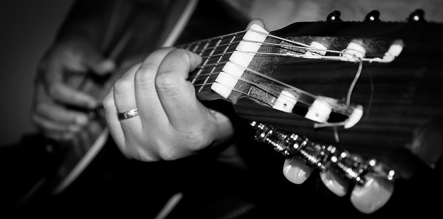 human, performing, acoustic, guitar grayscale photo, acoustic guitar, grayscale, playing guitar, guitar, singer, blur
