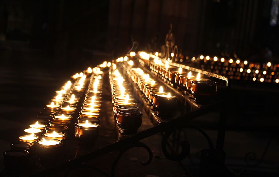 candles, church, prayer, memory, illuminated, in a row, large group of objects, night, candle, lighting equipment