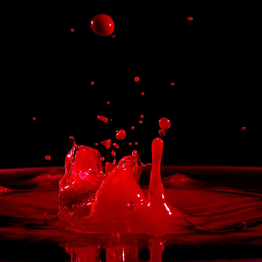 water, drip, drop of water, chaos, acrylic paint, close up, macro, red, indoors, drop