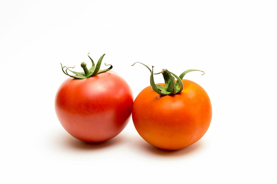 dos, rojo, naranja, tomates, blanco, superficie, tomate, rosa, vegetal, saludable