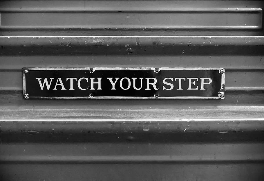watch your step, staircase sign, black and white, symbol, danger, safety, sign, caution, warning, watch