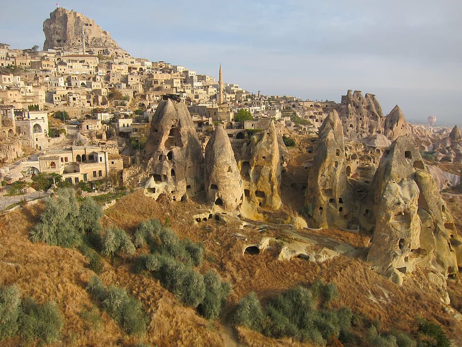 concrete, buildings, mountains, turkey, landscape, exotic, cappadocia, fairy chimneys, history, outdoors