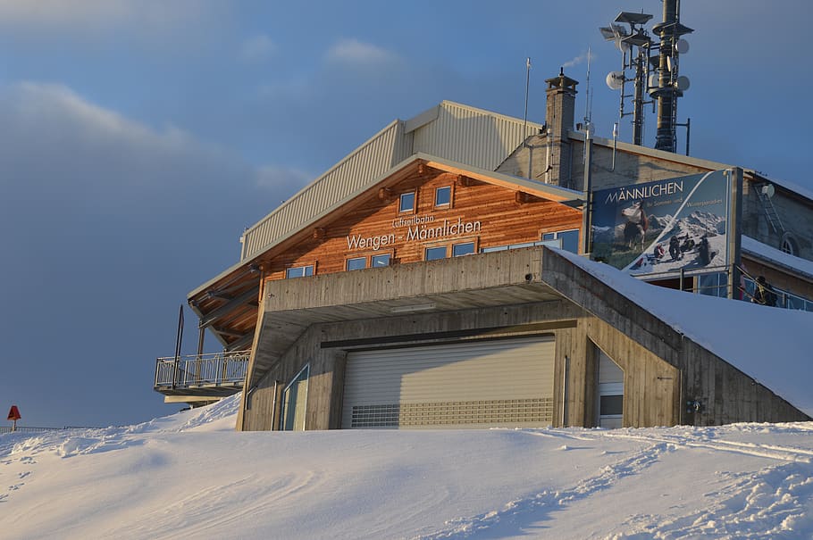 ariel ropeway, cable car, männlichen, station, switzerland, winter, alpine, snow, cold, sky