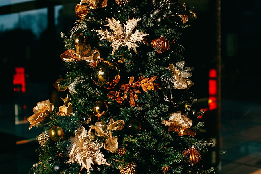 natal, árvore, decorações, enfeites, ouro, festivo, feriados, celebração, feriado, decoração