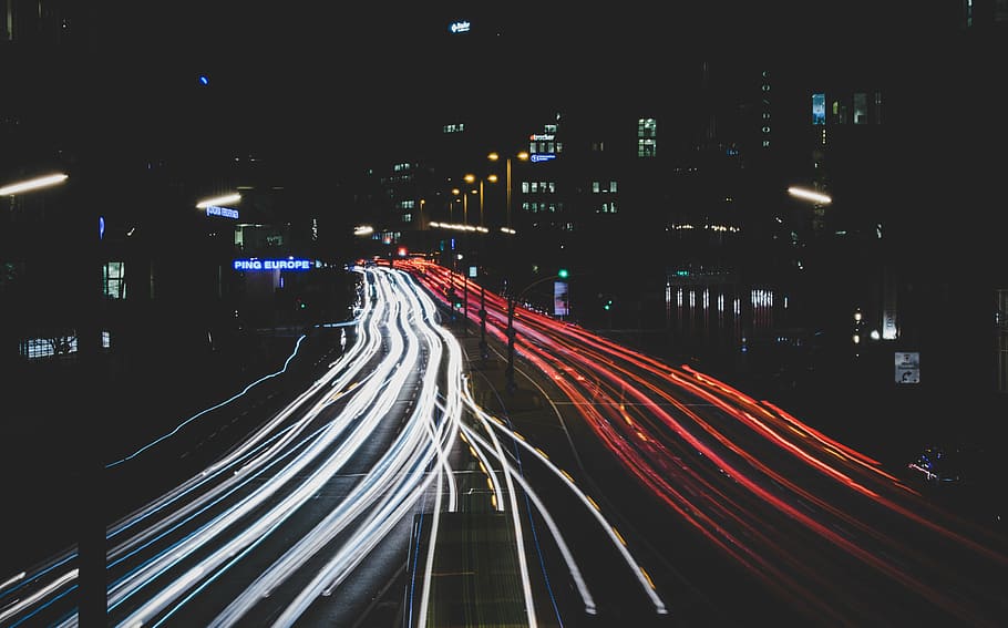 time-lapsed photo, cars, road, urban, city, dark, night, building, establishment, car